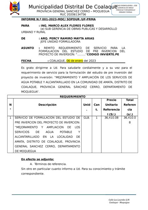 Modelo DE Requerimiento DE Servicioya INFORME N º 001 2023 MDC