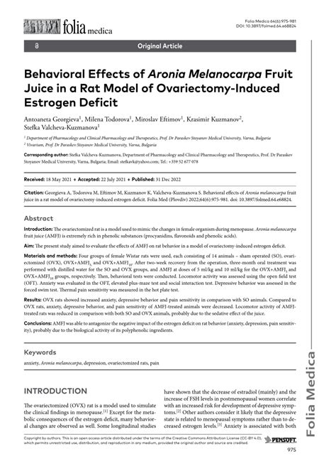 Pdf Behavioral Effects Of Aronia Melanocarpa Fruit Juice In A Rat