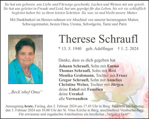 Traueranzeigen Von Therese Schraufl Mittelbayerische Trauer