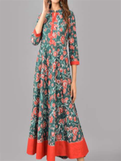 Buy Aayumi Floral Printed Mandarin Collar Cotton Maxi Ethnic Dress