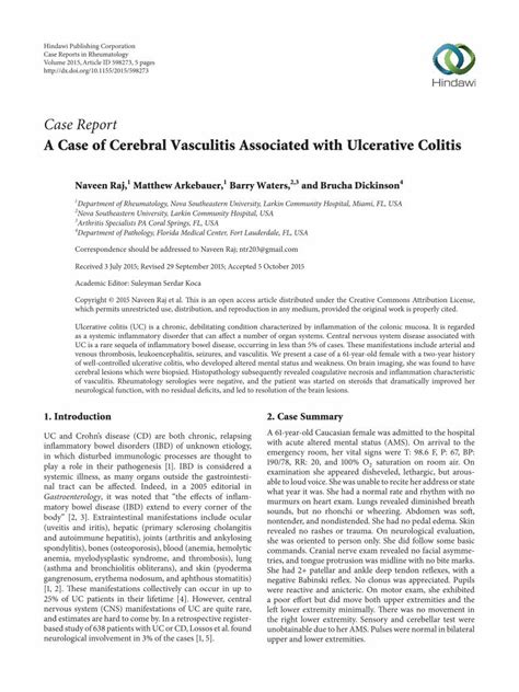 Pdf Case Report A Case Of Cerebral Vasculitis Associated With