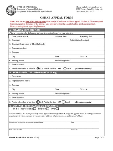 2020 2025 Ca Oshab Appeal Form 100 Fill Online Printable Fillable