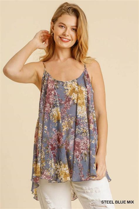 Umgee Spaghetti Strap Floral Print Top Tanks And Camis