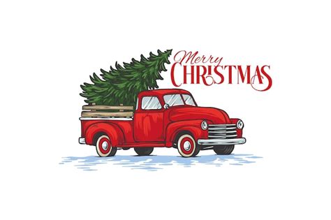 Ilustración vectorial de camioneta retro con árbol de navidad