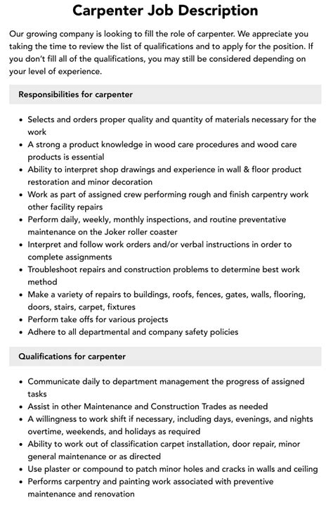 Carpenter Job Description Velvet Jobs