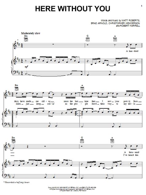 Doors Down Here Without You Sheet Music Chords For Guitar Chords