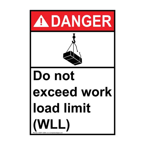 Portrait ANSI DANGER Do Not Exceed Work Load Limit Wll Sign ADEP 13084