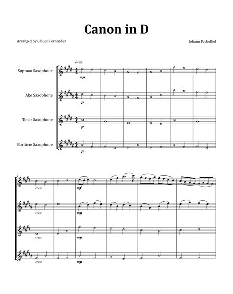 Canon By Pachelbel Woodwind Quartet Arr Glauco Fernandes Sheet Music Johann Pachelbel