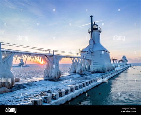 St Joseph North Pier Inner And Outer Lights Lighthouses In Winter Lake