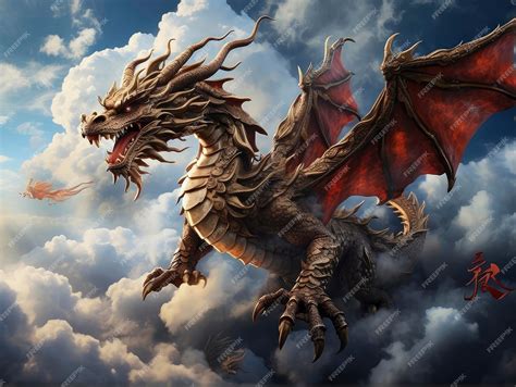 Premium Photo A Dragon Flying Through The Air With A Dragon On Its