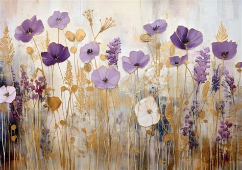 Premium Photo Painting Of Purple Flowers And Gold Leaves On A White