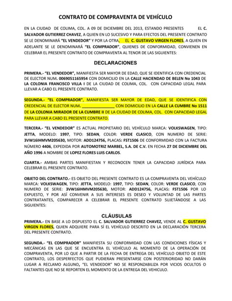 Contrato De Compraventa De Vehiculo Ejemplos Y Formatos Word Y Pdf Images