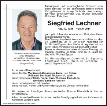 Traueranzeigen Von Siegfried Lechner Trauer Bz