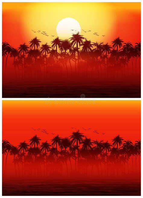 Red Sunset In The Jungle With Old Tree, Birds And Elephant Stock Vector ...