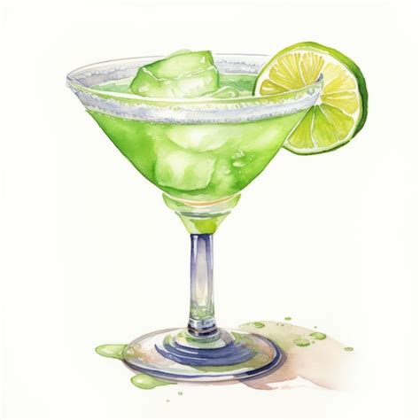 Premium Photo Realistic Watercolor Illustration Of A Green Margarita Cocktail