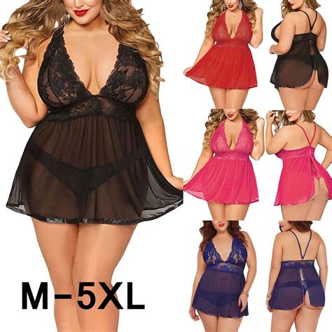 Hot Sale Plus Size Women Black Sexy Big Dress Deep V Open Back Lingerie Lace Babydoll