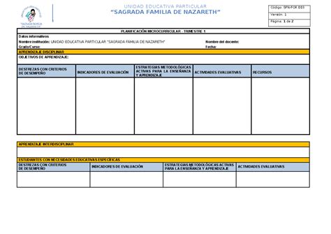 Planificacion Microcurricular UNIDAD EDUCATIVA PARTICULAR SAGRADA