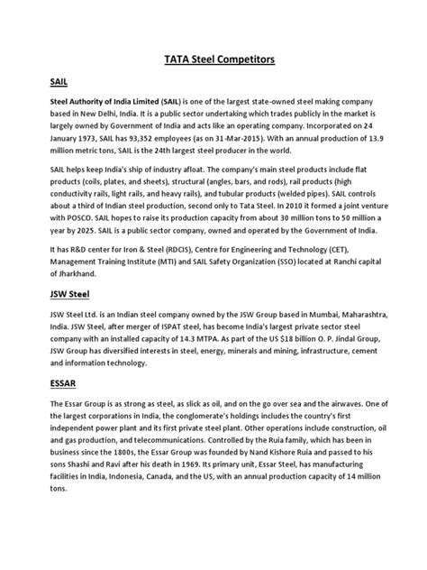 TATA Steel Competitors | PDF | Economy Of India | Economic Sectors