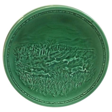 French Green Majolica Hare And Hunting Dog Plate Sarreguemines Circa