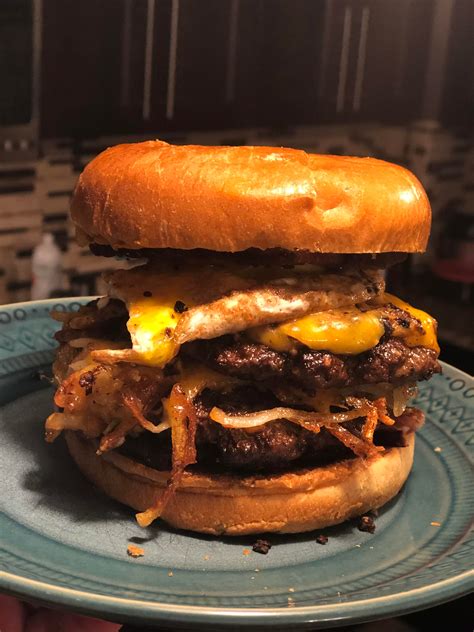 Double Smash Breakfast Burger With Egg Hash Browns Bacon And Cheese