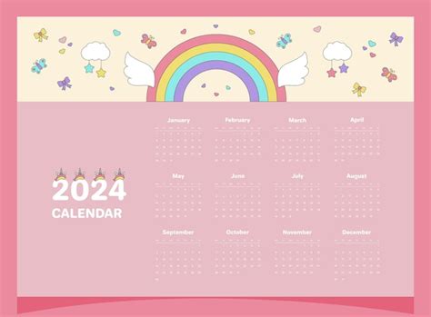 Calendario 2024 rosa para un niño con elementos de unicornio arco iris