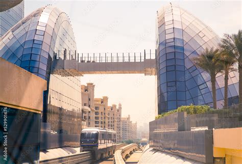 Dubai UAE The Palm Jumeirah Monorail Station And Arriving Train Stock