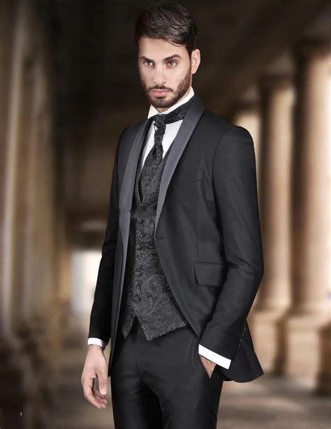 Fashion Black Groom Tuxedos Shawl Lapel Groomsmen Mens Wedding Dress Excellent Man Jacket Blazer