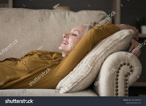 Happy Cheerful Mature Woman Lying On Stock Photo Shutterstock