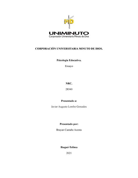 Ensayo Desarrollo Cognitivo del niño CORPORACIÓN UNIVERSITARIA MINUTO