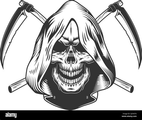 Vintage Monochrome Reaper Skull In Hood With Crossed Scythes Isolated Vector Illustration Stock