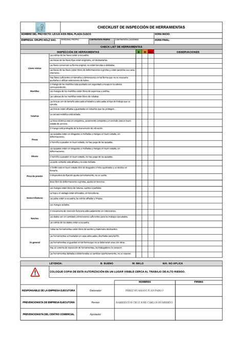 Checklist Herramientas Manuales Checklist De Inspecci N De