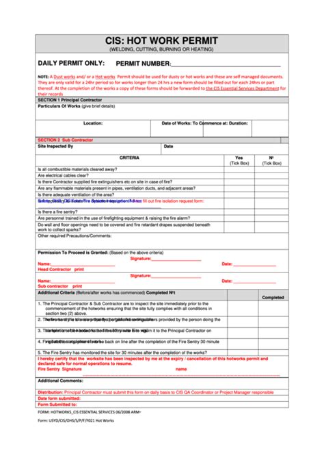 Printable Hot Work Permit Printable Templates