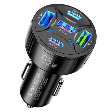 65w Car Charger Quint Port Fast Charging Hub High Power 1 To 5 Usb Ports Rapid Car Adapter For