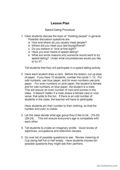 Speed Dating Activity Role Play Mim English Esl Worksheets Pdf And Doc