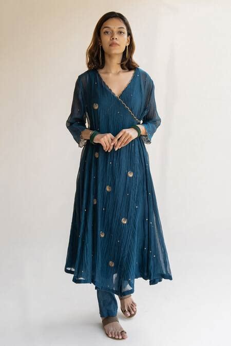 Buy Blue Chanderi Cotton Embroidered Nakshi Kangri V Neck Angrakha