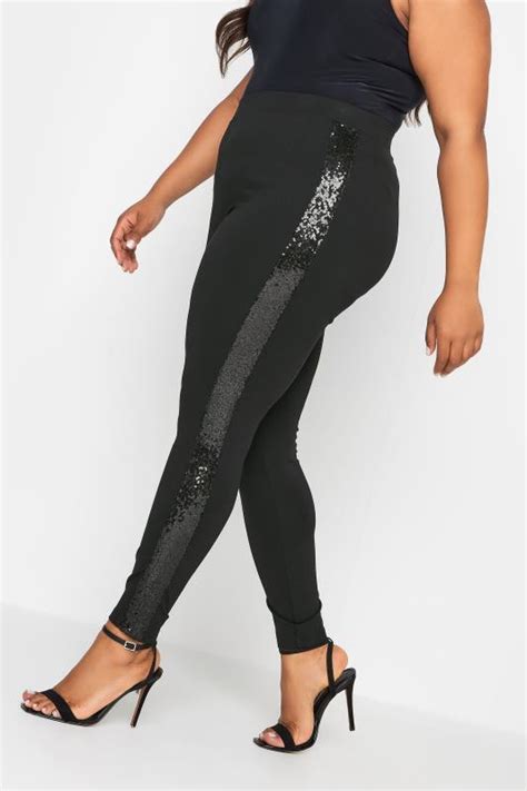 Yours Plus Size Black Sequin Side Stripe Leggings Yours Clothing