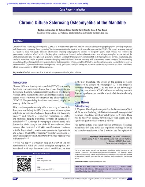 Pdf Chronic Diffuse Sclerosing Osteomyelitis Of The Mandible