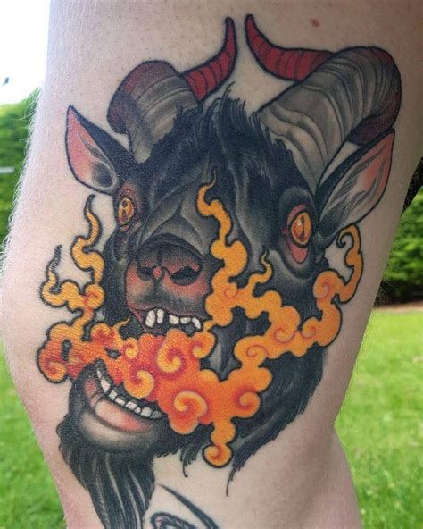 Fully Healed Goat Portrait Tattoo Located On The Knee