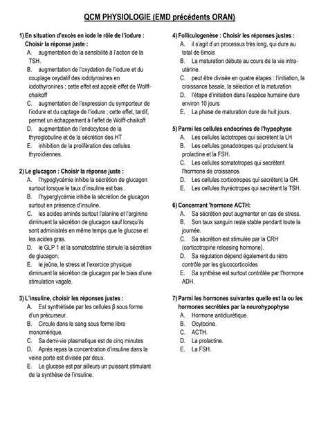 Solution Qcm Physiologie Syst Me Endocrinien Et Organes De Production