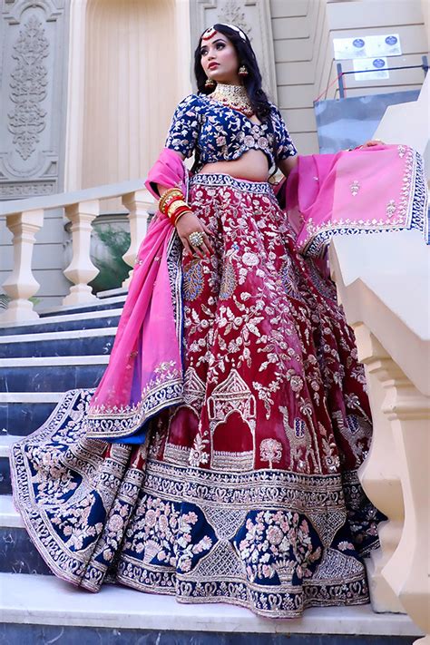 Buy Pink Velvet Embroidery Floral V Contrast Border Bridal Lehenga Set