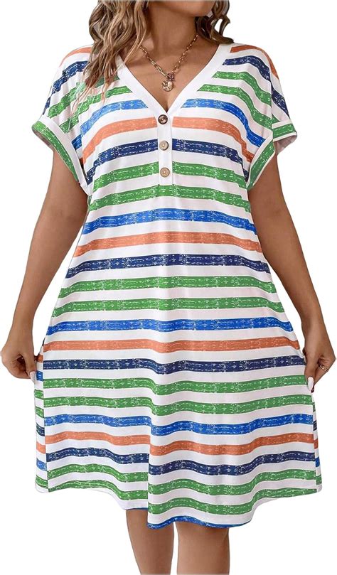 OYOANGLE Women S Plus Size Striped Print V Neck Short Sleeve Button