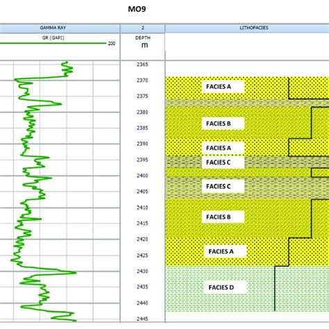 Well MO9 Showing Gamma Ray Log In Track One And Four Different Facies