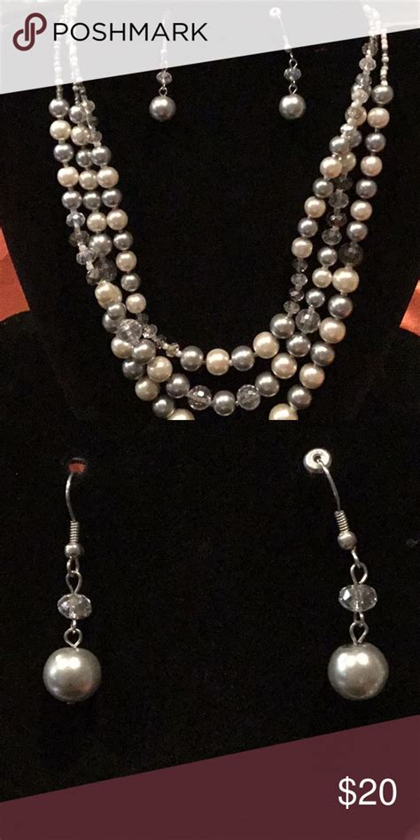 Vintage Pearl Gray Beads Necklace Earring Set