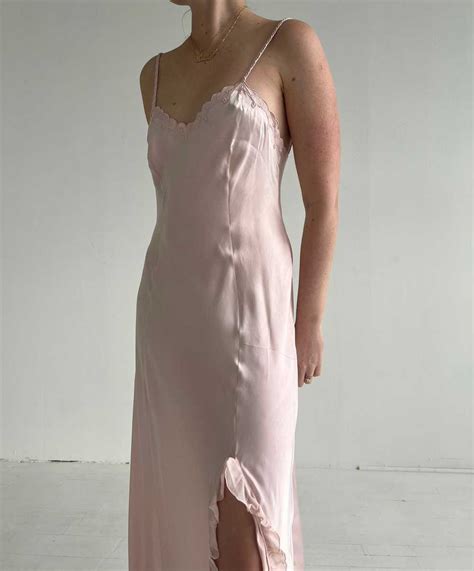 1970s Pale Pink Silk Slip Dress With Ruffle Gem