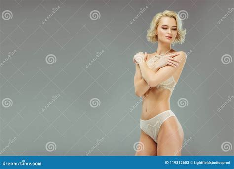 Beautiful Tender Woman Posing In White Lace Lingerie Stock Image