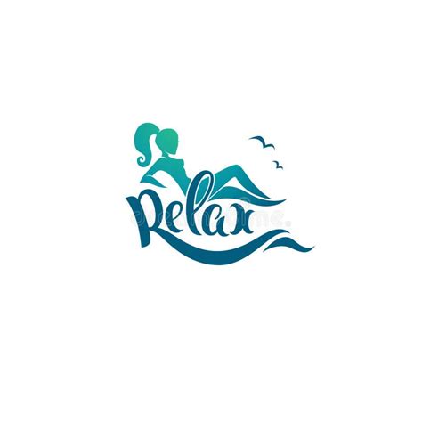 Relax Logo Template Image Of Girl Sea And Lettering Composition Stock