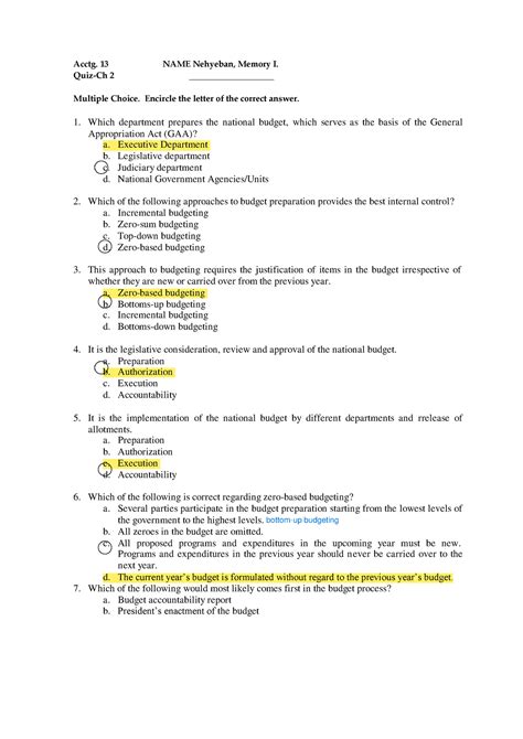 Chapter Budget Process Acctg Name Nehyeban Memory I Quiz Ch