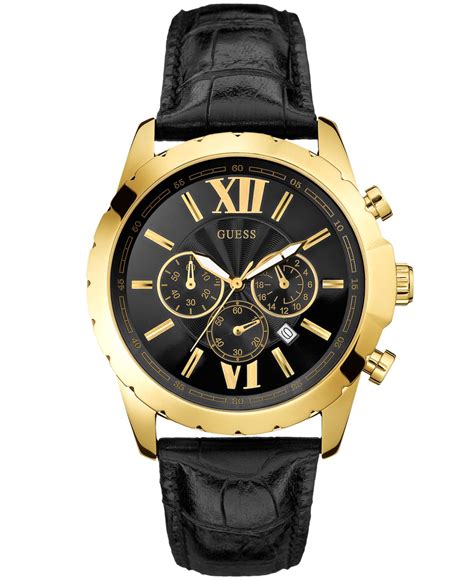 Guess Watch Mens Chronograph Black Leather Strap 45mm U0270g1 In Gold