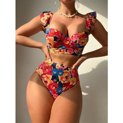 Ba Ador Con Estampado Floral Para Mujer 2 Piezas Bikini Con Volantes