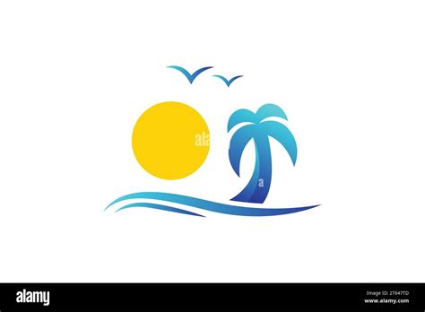 Nature Beach Vacation Wave And Sun With Palm Tree Vector Logo Design